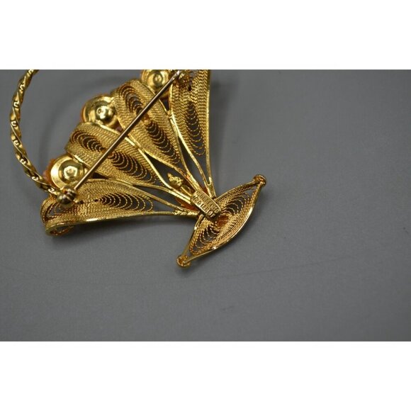 Sorrento Filigree Flower Basket Brooch 1/20 12K Gold Filled Signed Vtg Pin - Picture 9 of 11